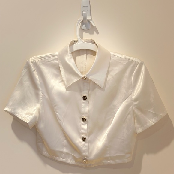 White Satin Crop Top with Gold Buttons - Meshki XS New - Picture 4 of 6